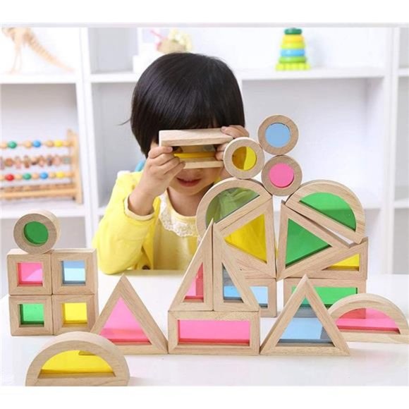 Wood Building Blocks Set for Kids 24 Pcs Rainbow Stacker Stacking Game - Picture 3 of 6